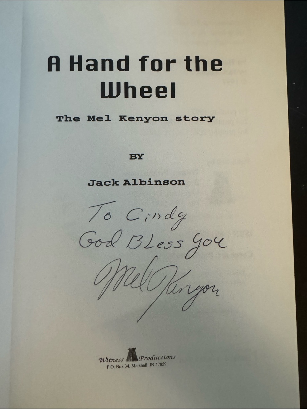 A Hand for the Wheel by Jack Albinson - Signed Title Page